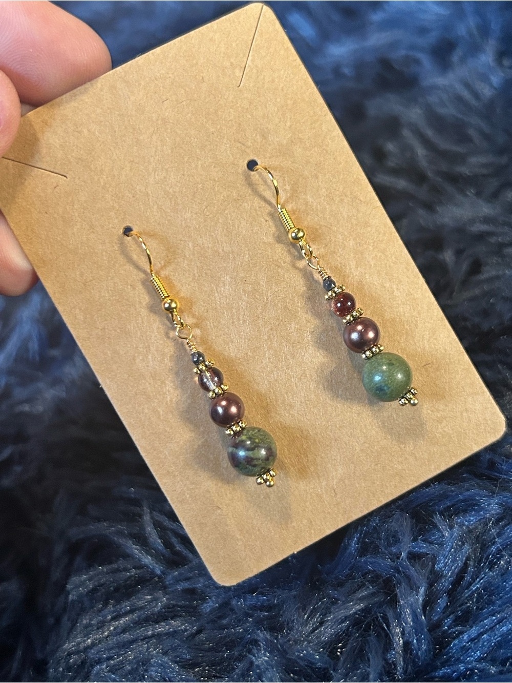 Handcrafted dragon blood jasper Czech glass pearl cat eye glass earrings